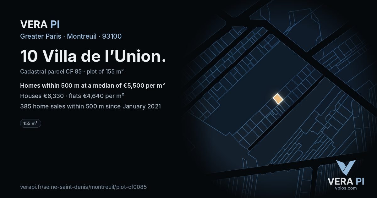 10 Villa de l’Union, Montreuil at night – the plot lit, the parcels around coloured by the prices near them