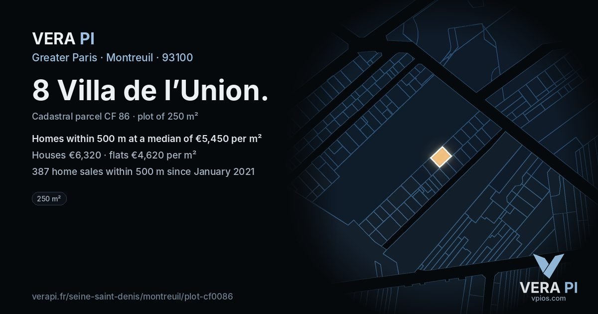 8 Villa de l’Union, Montreuil at night – the plot lit, the parcels around coloured by the prices near them