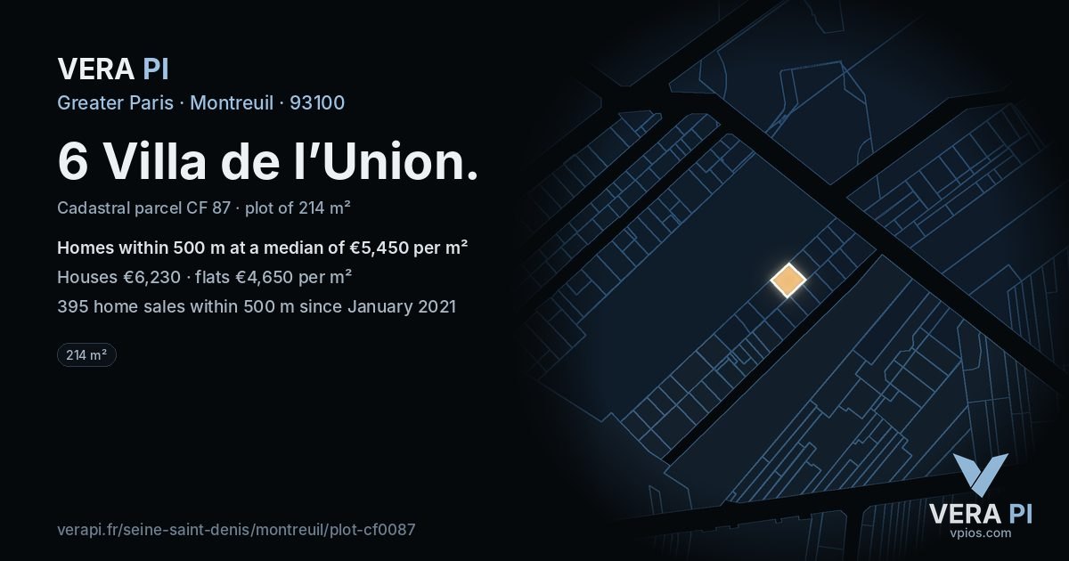 6 Villa de l’Union, Montreuil at night – the plot lit, the parcels around coloured by the prices near them
