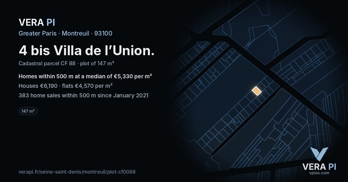 4 bis Villa de l’Union, Montreuil at night – the plot lit, the parcels around coloured by the prices near them