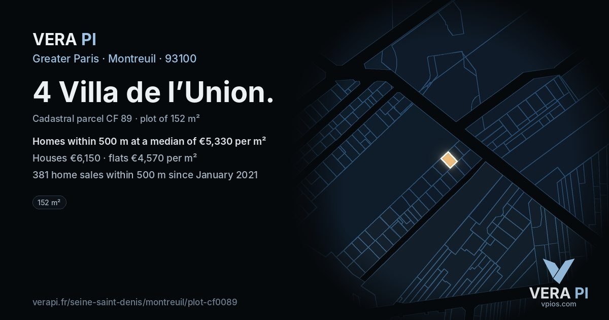 4 Villa de l’Union, Montreuil at night – the plot lit, the parcels around coloured by the prices near them