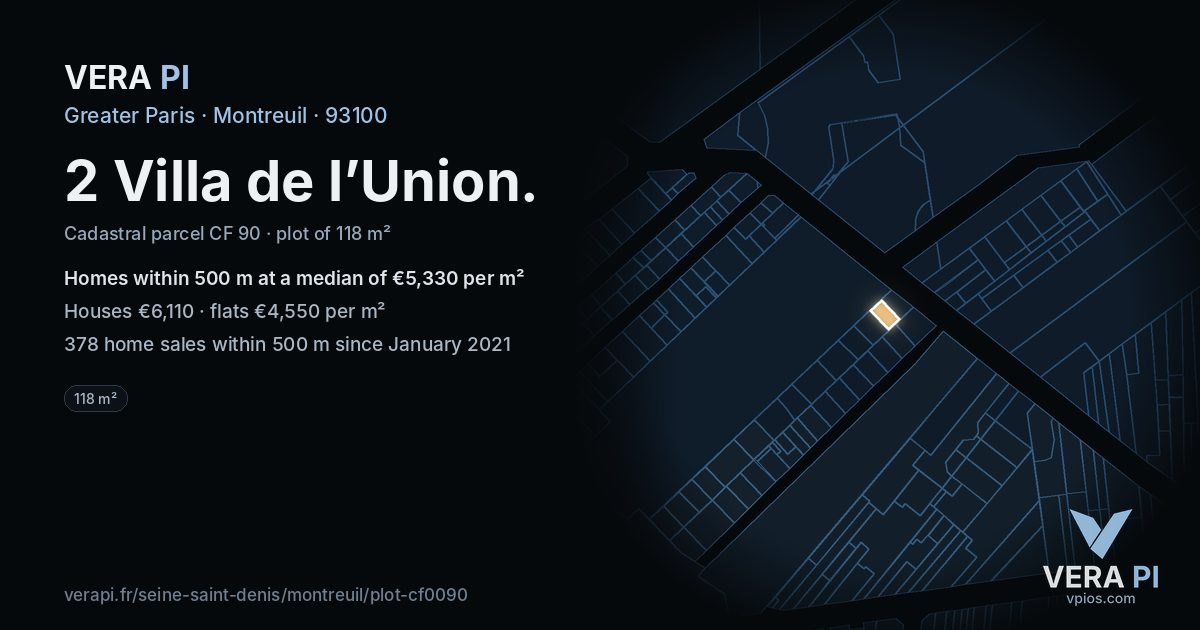 2 Villa de l’Union, Montreuil at night – the plot lit, the parcels around coloured by the prices near them