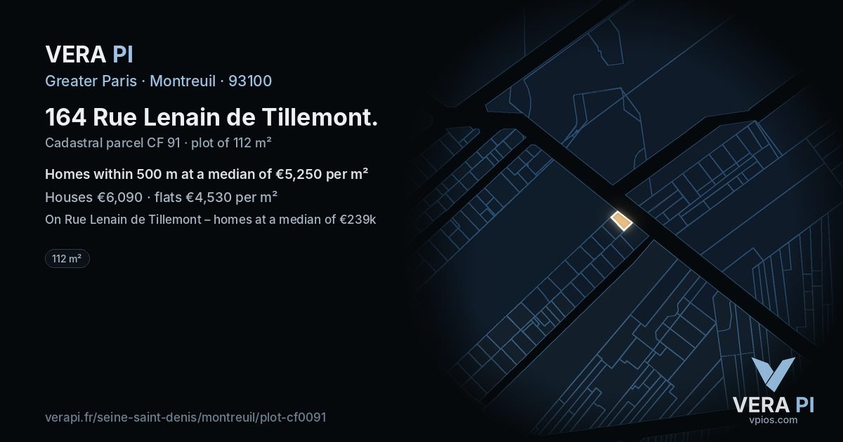164 Rue Lenain de Tillemont, Montreuil at night – the plot lit, the parcels around coloured by the prices near them