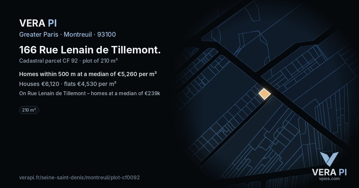 166 Rue Lenain de Tillemont, Montreuil at night – the plot lit, the parcels around coloured by the prices near them