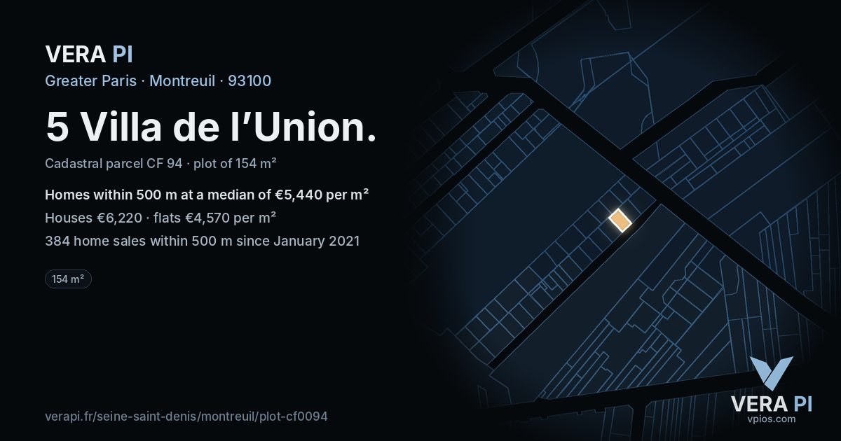 5 Villa de l’Union, Montreuil at night – the plot lit, the parcels around coloured by the prices near them