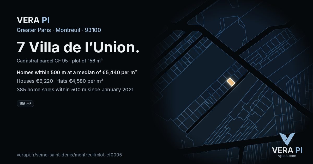 7 Villa de l’Union, Montreuil at night – the plot lit, the parcels around coloured by the prices near them