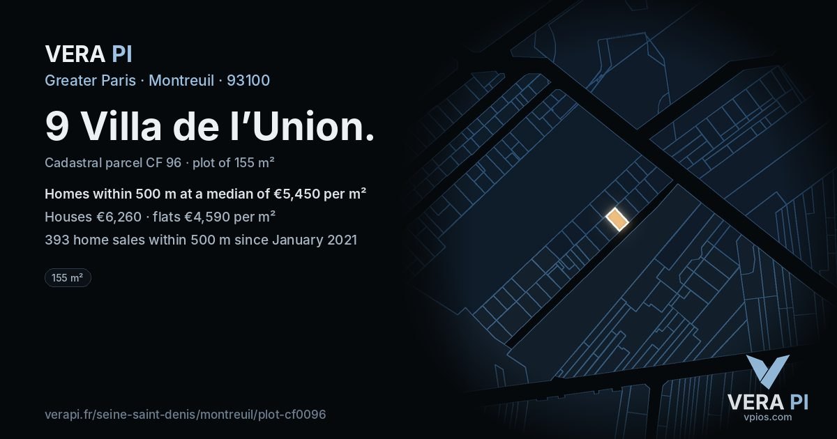 9 Villa de l’Union, Montreuil at night – the plot lit, the parcels around coloured by the prices near them