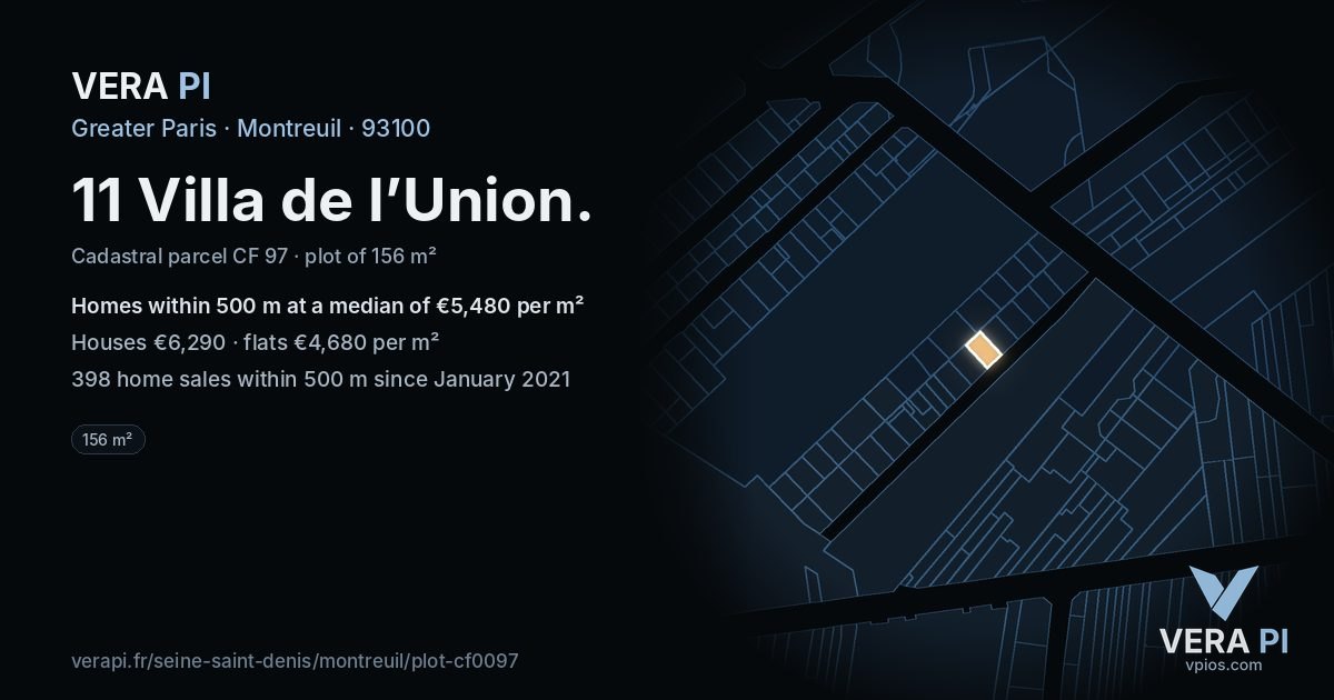 11 Villa de l’Union, Montreuil at night – the plot lit, the parcels around coloured by the prices near them