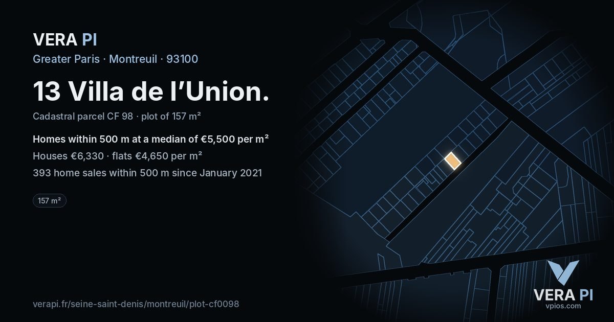 13 Villa de l’Union, Montreuil at night – the plot lit, the parcels around coloured by the prices near them