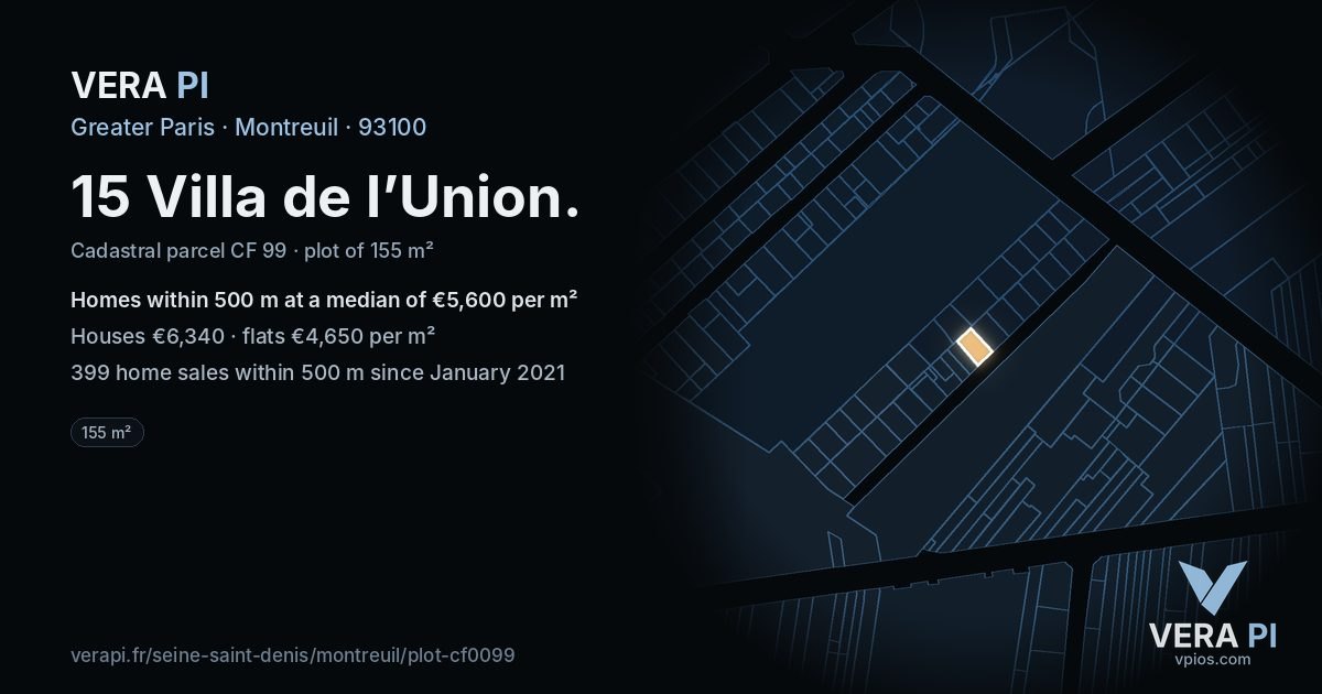 15 Villa de l’Union, Montreuil at night – the plot lit, the parcels around coloured by the prices near them