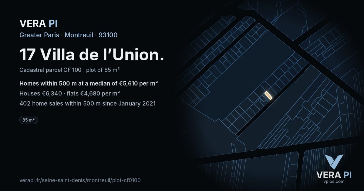 17 Villa de l’Union, Montreuil at night – the plot lit, the parcels around coloured by the prices near them