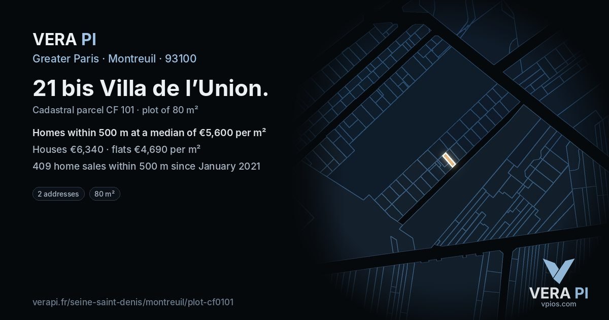 21 bis Villa de l’Union, Montreuil at night – the plot lit, the parcels around coloured by the prices near them