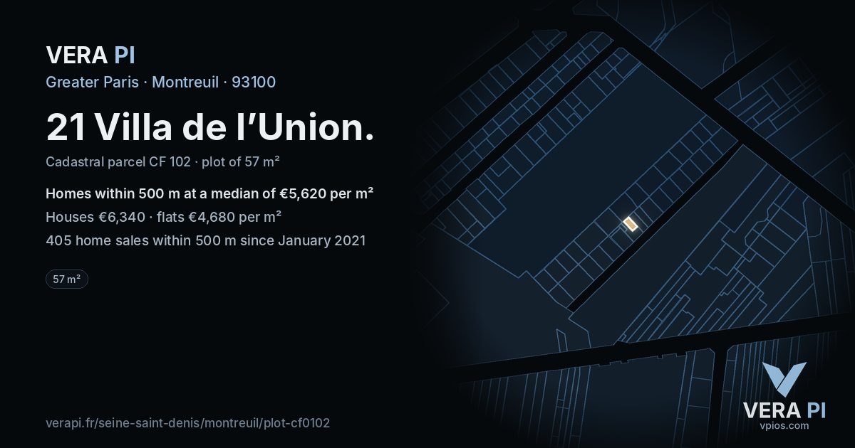 21 Villa de l’Union, Montreuil at night – the plot lit, the parcels around coloured by the prices near them