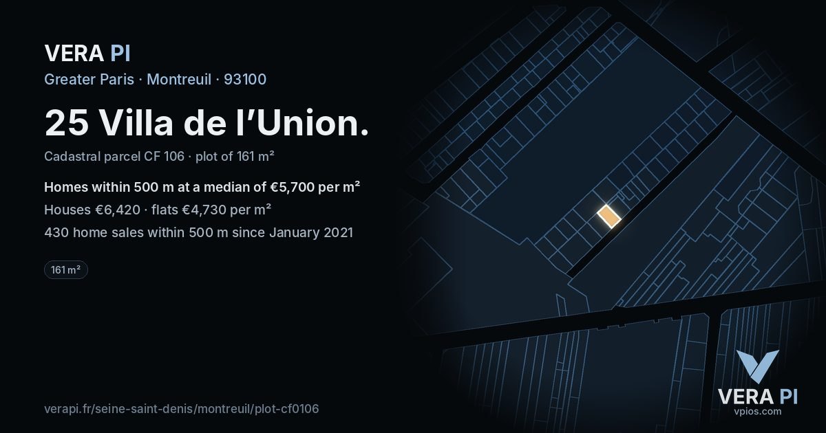 25 Villa de l’Union, Montreuil at night – the plot lit, the parcels around coloured by the prices near them