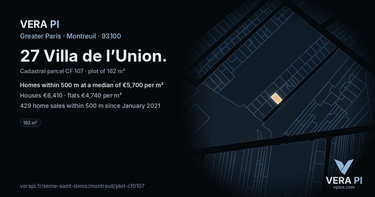 27 Villa de l’Union, Montreuil at night – the plot lit, the parcels around coloured by the prices near them