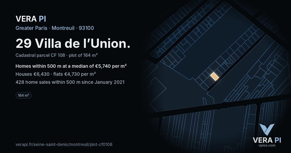 29 Villa de l’Union, Montreuil at night – the plot lit, the parcels around coloured by the prices near them
