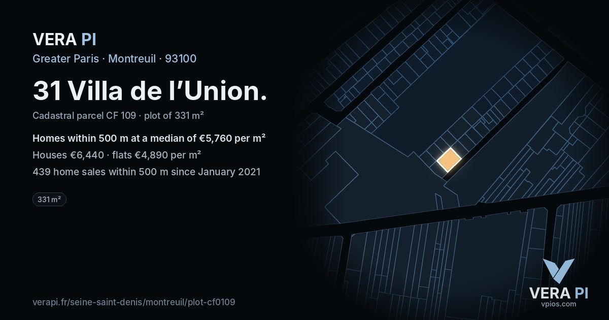 31 Villa de l’Union, Montreuil at night – the plot lit, the parcels around coloured by the prices near them