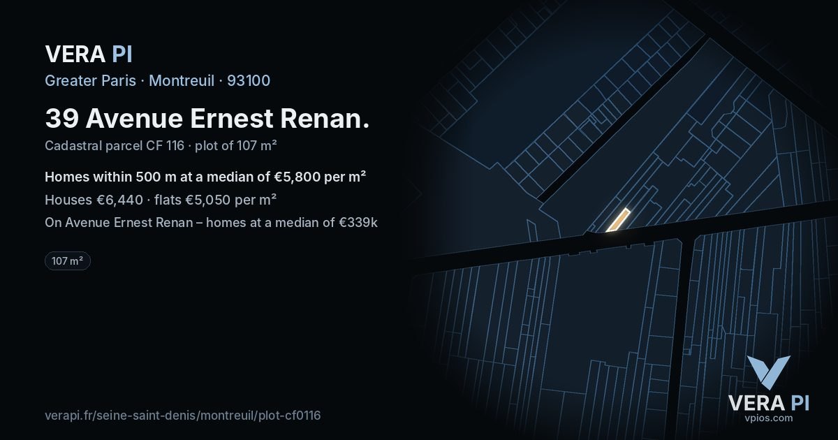 39 Avenue Ernest Renan, Montreuil at night – the plot lit, the parcels around coloured by the prices near them