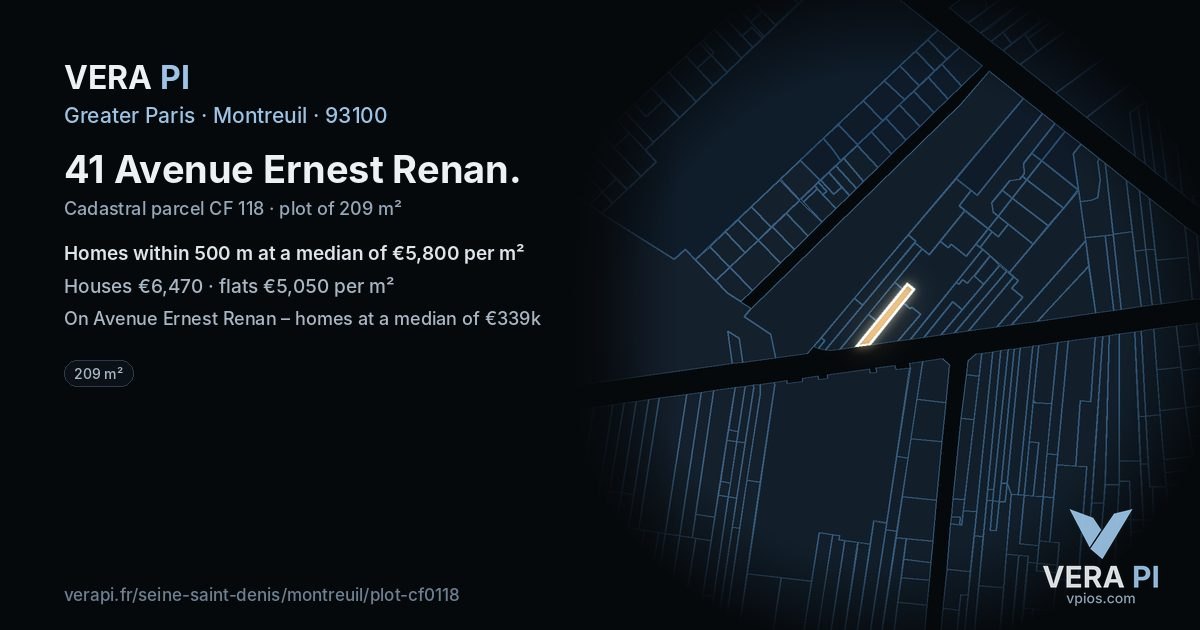41 Avenue Ernest Renan, Montreuil at night – the plot lit, the parcels around coloured by the prices near them