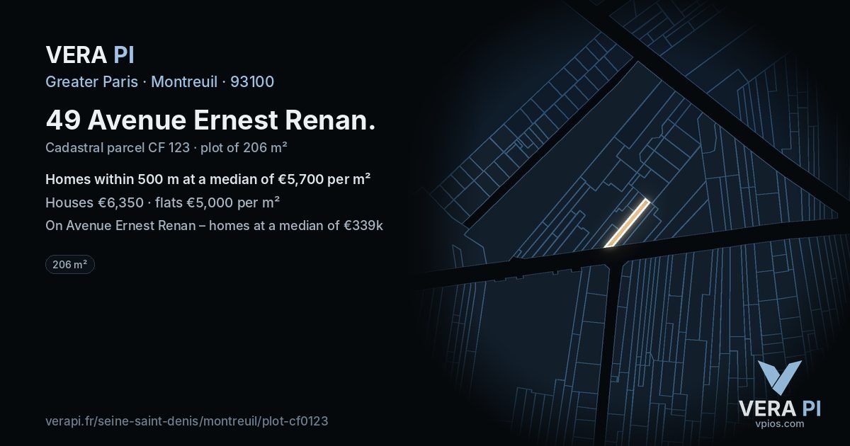 49 Avenue Ernest Renan, Montreuil at night – the plot lit, the parcels around coloured by the prices near them