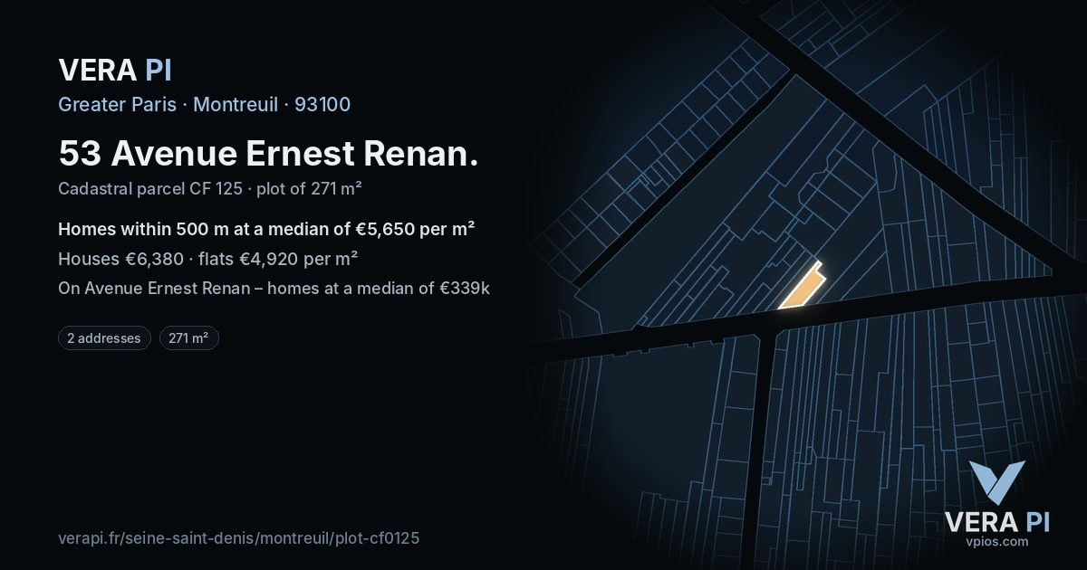 53 Avenue Ernest Renan, Montreuil at night – the plot lit, the parcels around coloured by the prices near them