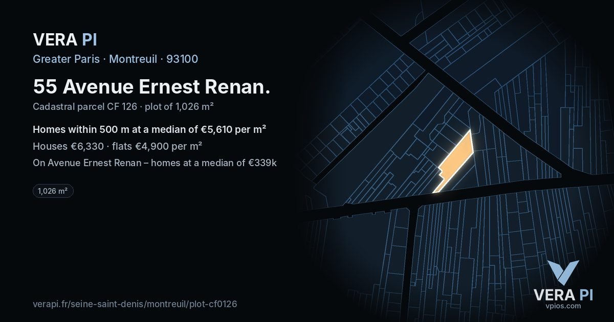 55 Avenue Ernest Renan, Montreuil at night – the plot lit, the parcels around coloured by the prices near them