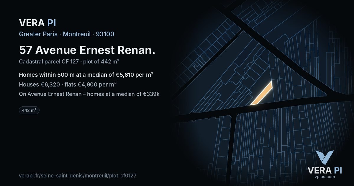 57 Avenue Ernest Renan, Montreuil at night – the plot lit, the parcels around coloured by the prices near them