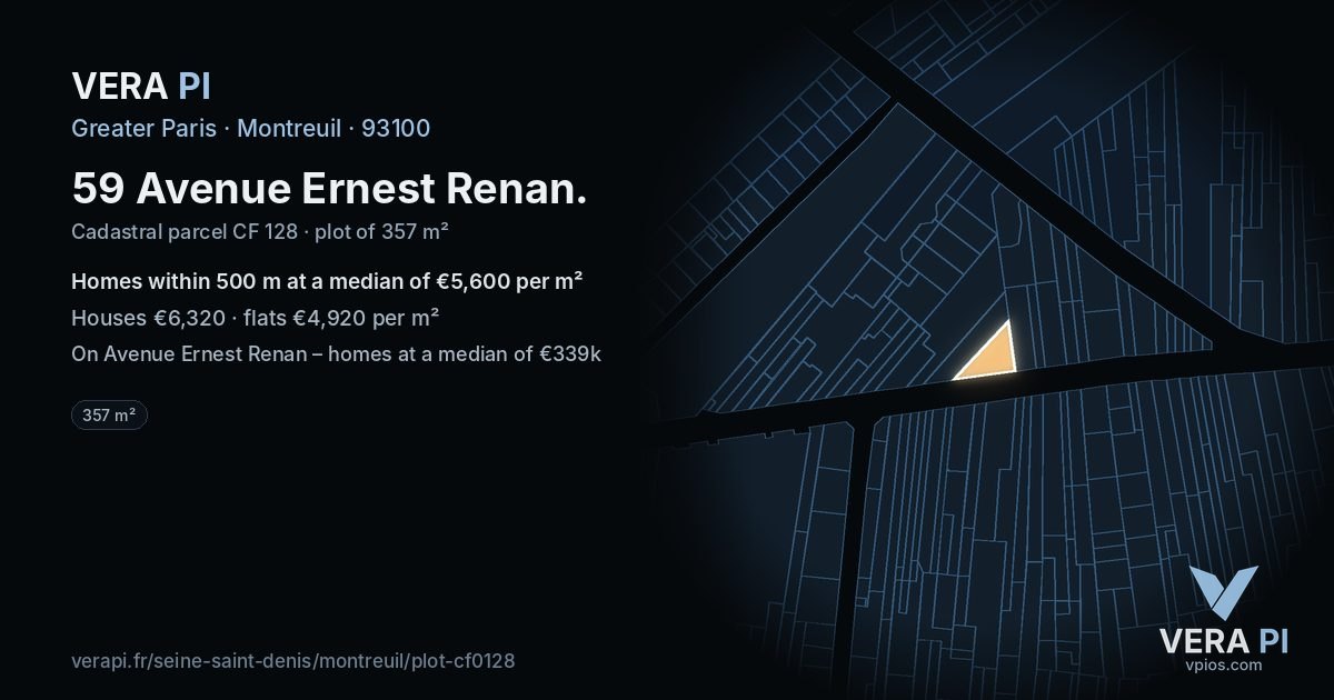 59 Avenue Ernest Renan, Montreuil at night – the plot lit, the parcels around coloured by the prices near them