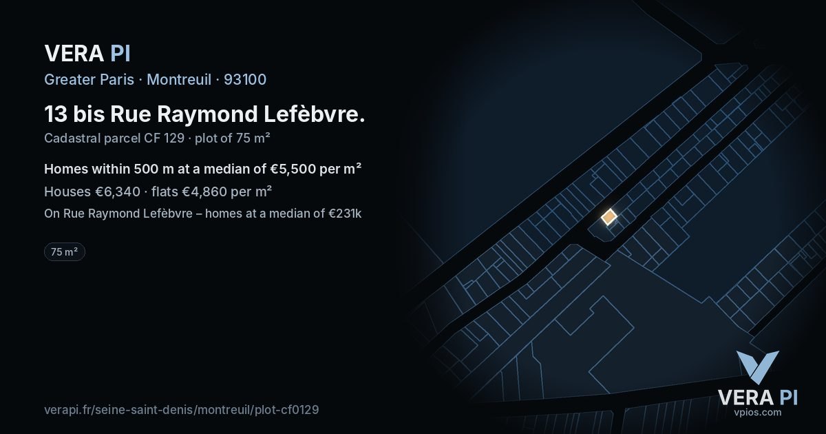 13 bis Rue Raymond Lefèbvre, Montreuil at night – the plot lit, the parcels around coloured by the prices near them