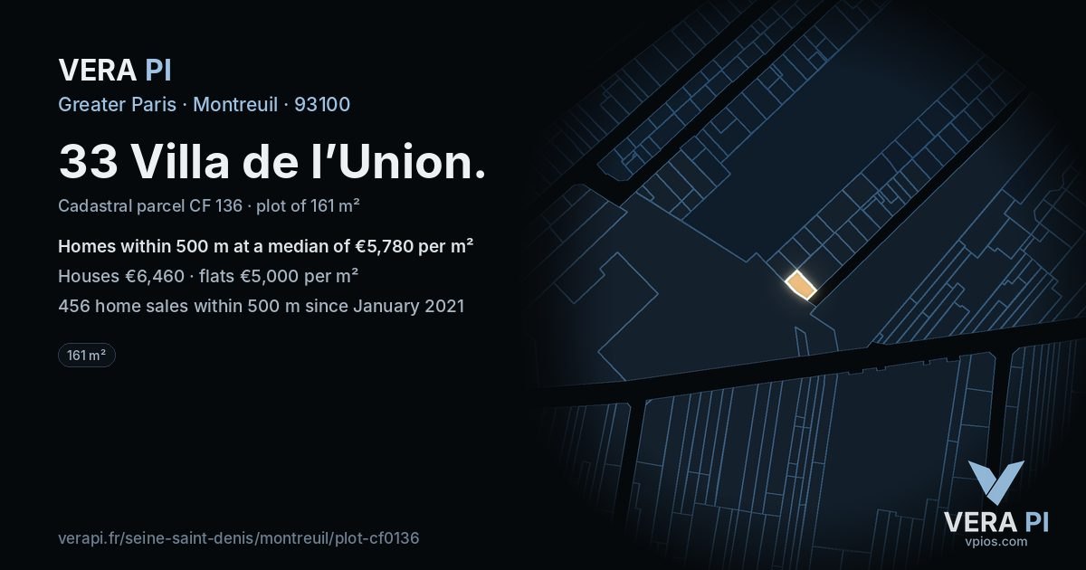 33 Villa de l’Union, Montreuil at night – the plot lit, the parcels around coloured by the prices near them
