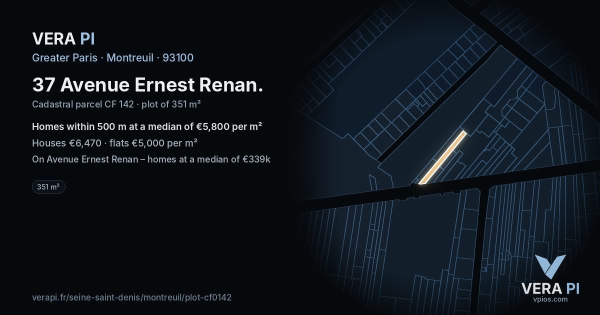 37 Avenue Ernest Renan, Montreuil at night – the plot lit, the parcels around coloured by the prices near them