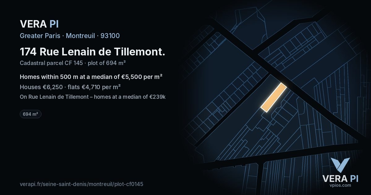174 Rue Lenain de Tillemont, Montreuil at night – the plot lit, the parcels around coloured by the prices near them