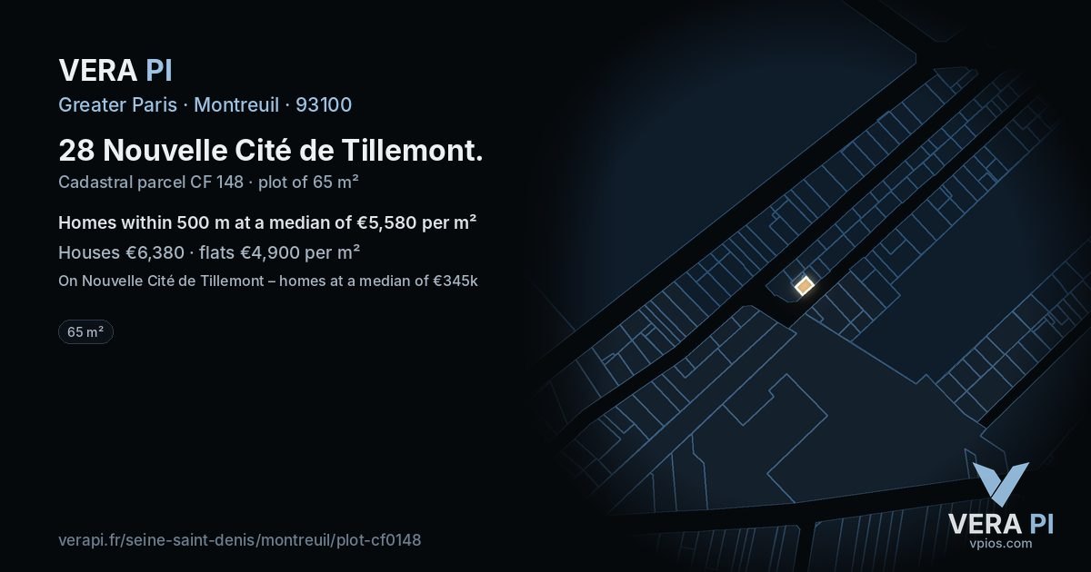28 Nouvelle Cité de Tillemont, Montreuil at night – the plot lit, the parcels around coloured by the prices near them