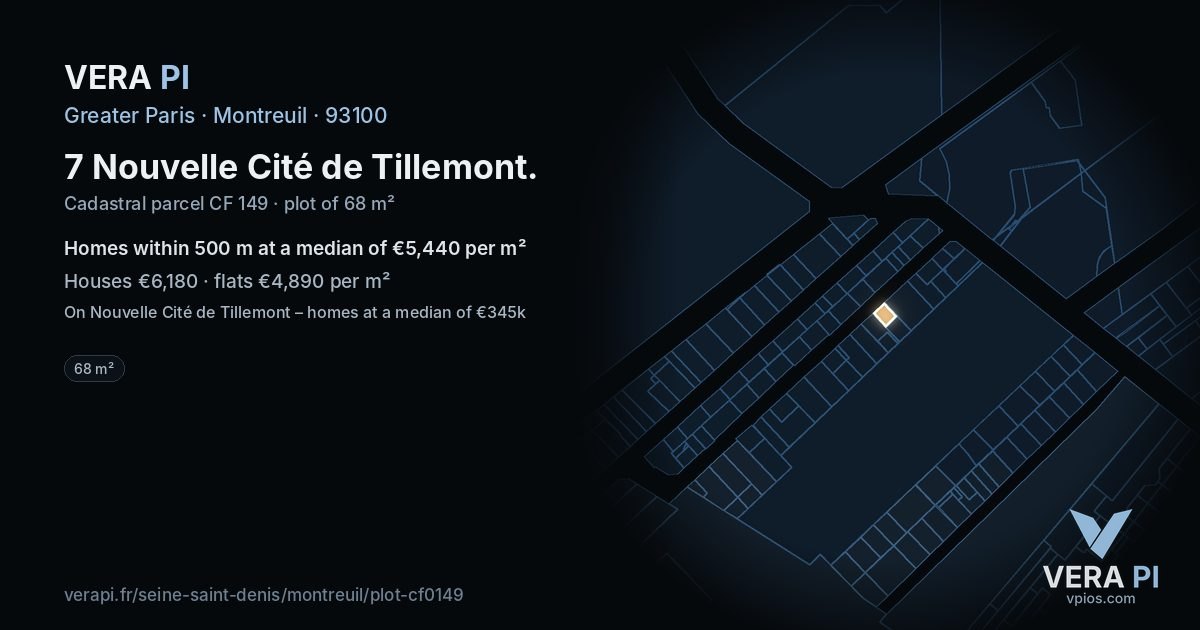 7 Nouvelle Cité de Tillemont, Montreuil at night – the plot lit, the parcels around coloured by the prices near them