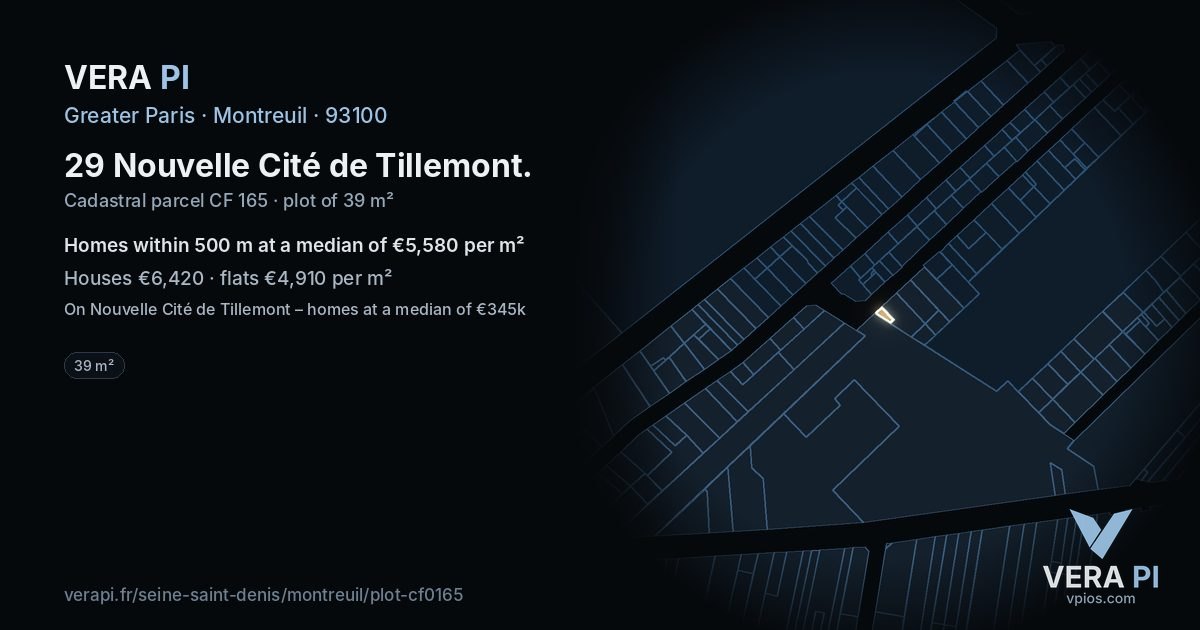 29 Nouvelle Cité de Tillemont, Montreuil at night – the plot lit, the parcels around coloured by the prices near them