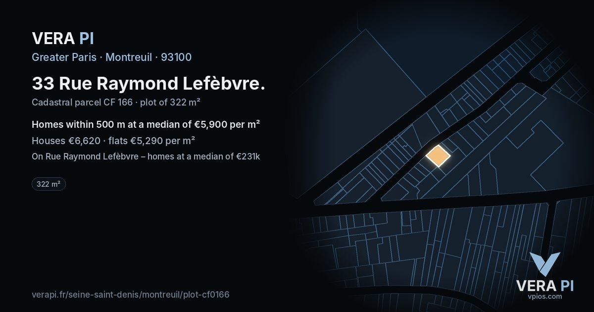 33 Rue Raymond Lefèbvre, Montreuil at night – the plot lit, the parcels around coloured by the prices near them