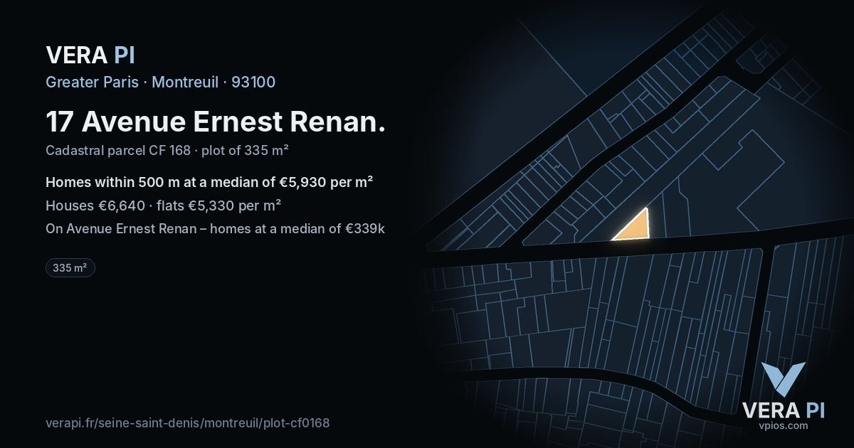 17 Avenue Ernest Renan, Montreuil at night – the plot lit, the parcels around coloured by the prices near them