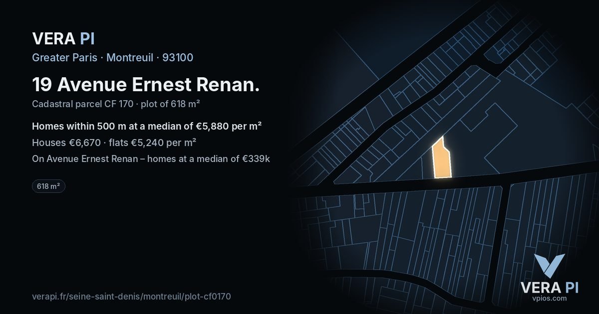 19 Avenue Ernest Renan, Montreuil at night – the plot lit, the parcels around coloured by the prices near them