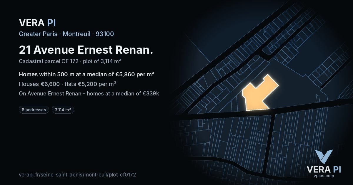 21 Avenue Ernest Renan, Montreuil at night – the plot lit, the parcels around coloured by the prices near them