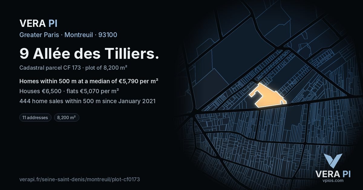 9 Allée des Tilliers, Montreuil at night – the plot lit, the parcels around coloured by the prices near them