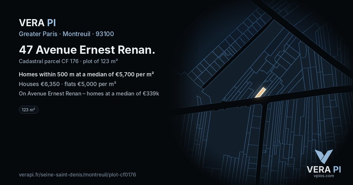 47 Avenue Ernest Renan, Montreuil at night – the plot lit, the parcels around coloured by the prices near them
