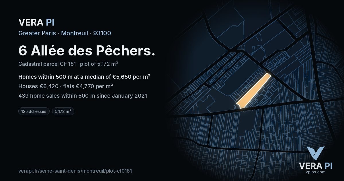 6 Allée des Pêchers, Montreuil at night – the plot lit, the parcels around coloured by the prices near them