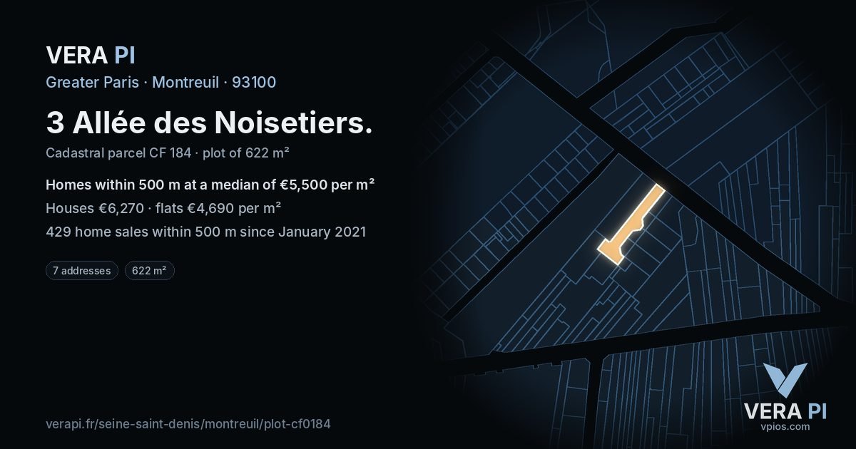 3 Allée des Noisetiers, Montreuil at night – the plot lit, the parcels around coloured by the prices near them