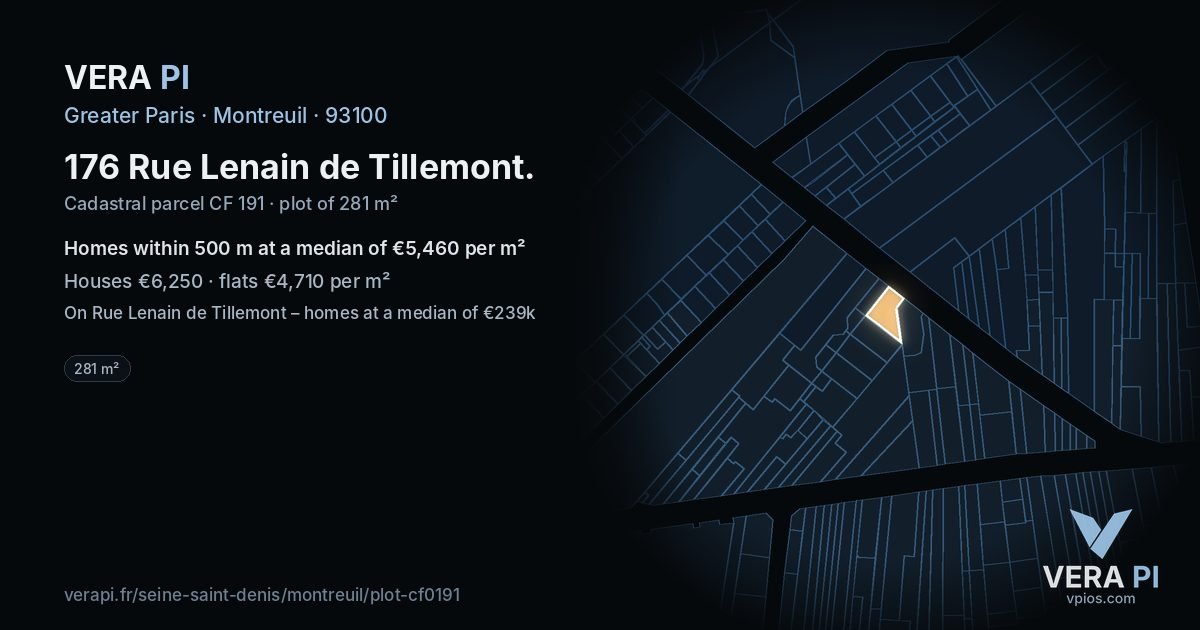 176 Rue Lenain de Tillemont, Montreuil at night – the plot lit, the parcels around coloured by the prices near them