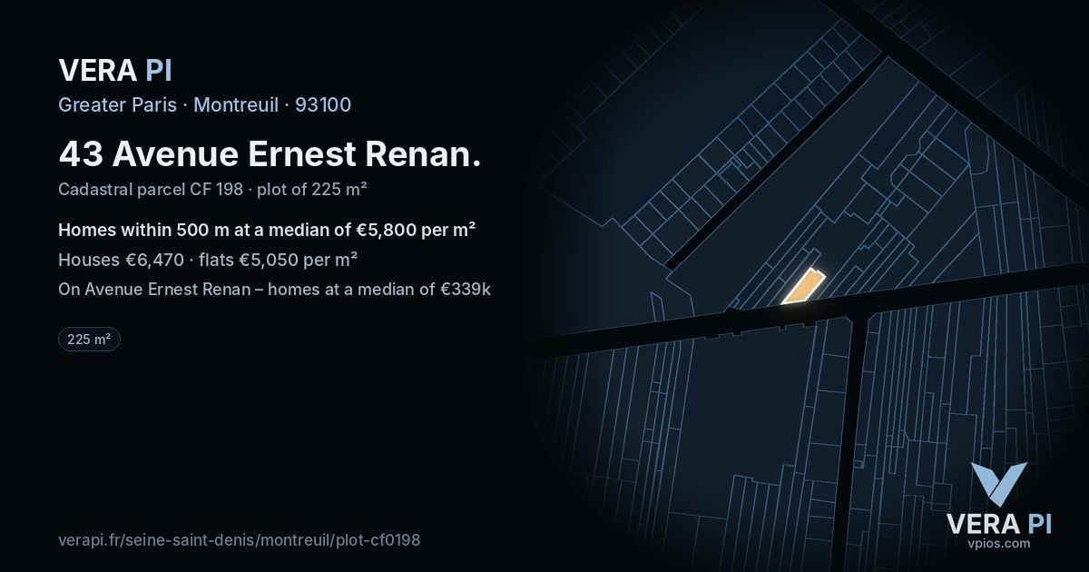 43 Avenue Ernest Renan, Montreuil at night – the plot lit, the parcels around coloured by the prices near them