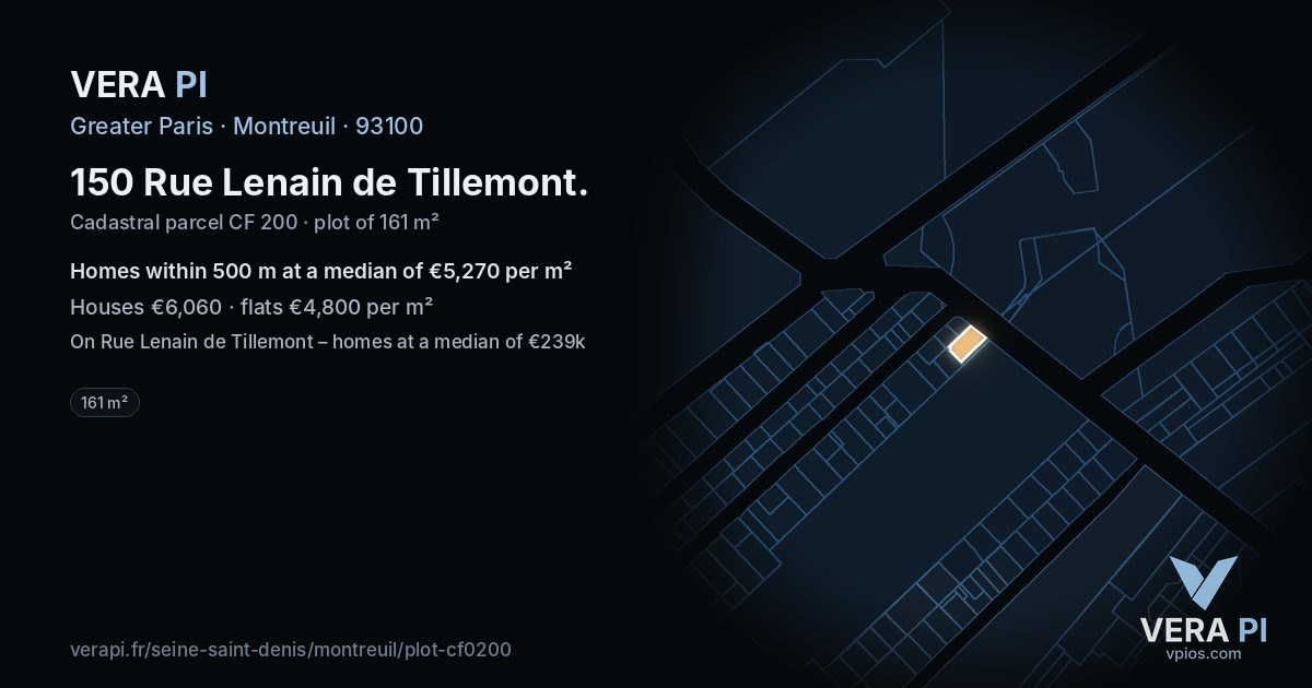 150 Rue Lenain de Tillemont, Montreuil at night – the plot lit, the parcels around coloured by the prices near them