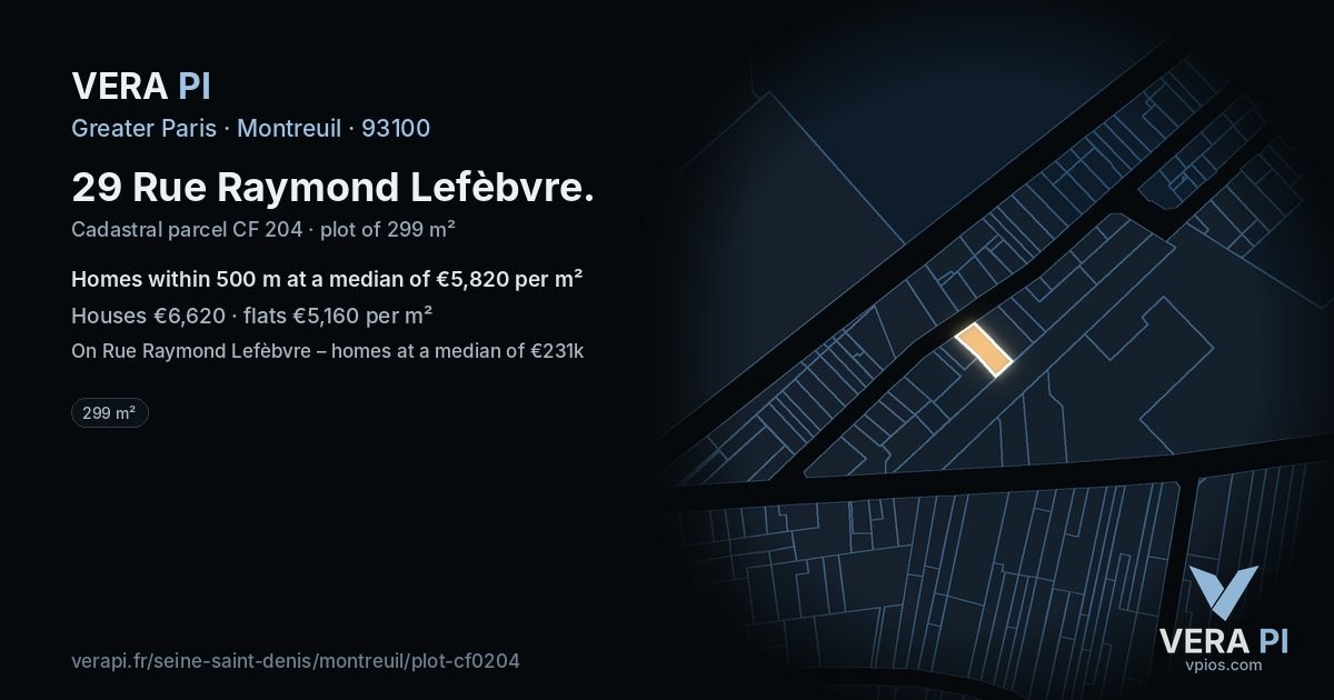 29 Rue Raymond Lefèbvre, Montreuil at night – the plot lit, the parcels around coloured by the prices near them