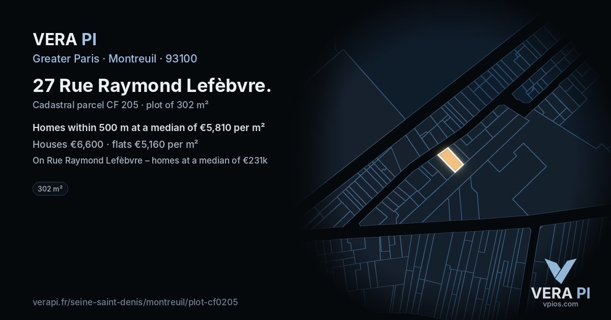 27 Rue Raymond Lefèbvre, Montreuil at night – the plot lit, the parcels around coloured by the prices near them