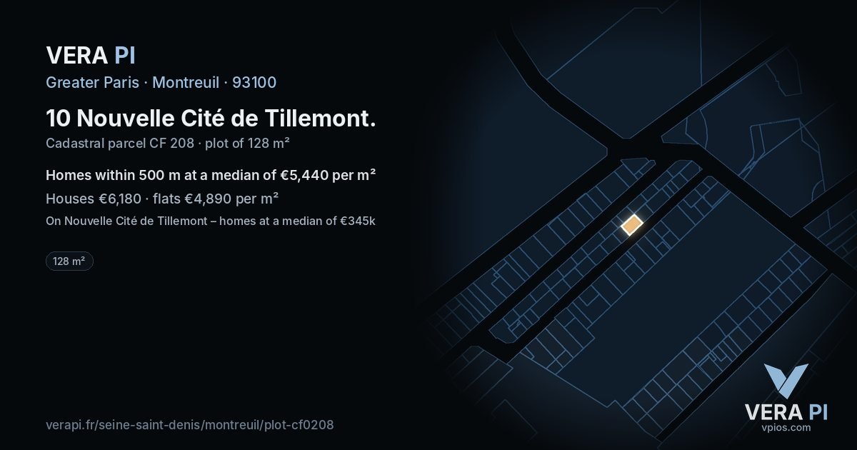 10 Nouvelle Cité de Tillemont, Montreuil at night – the plot lit, the parcels around coloured by the prices near them