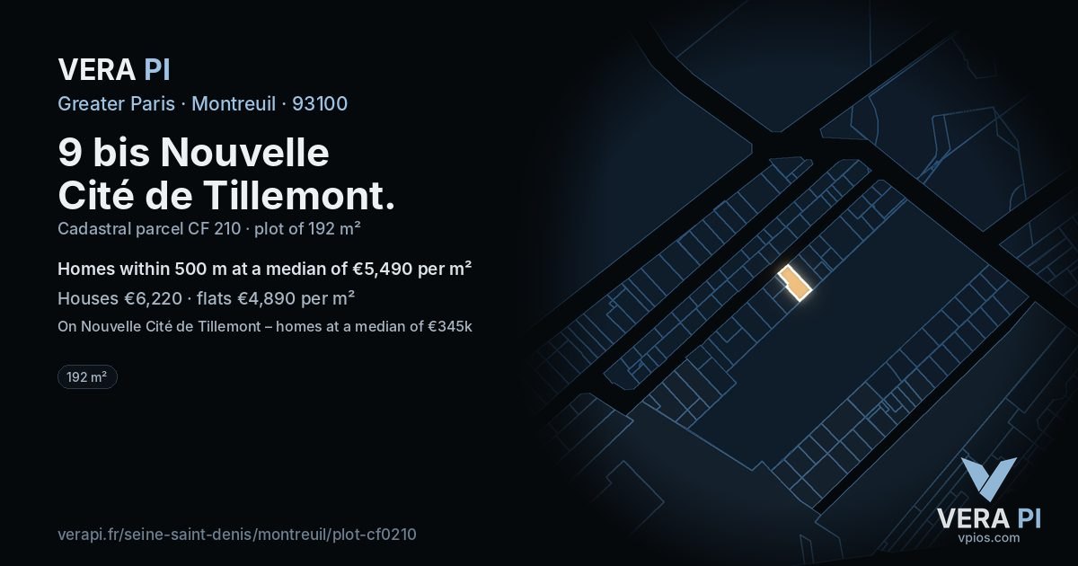 9 bis Nouvelle Cité de Tillemont, Montreuil at night – the plot lit, the parcels around coloured by the prices near them